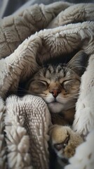 Cozy cat sleeping wrapped in soft blanket