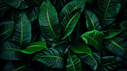 Fototapeta na wymiar Green leaves on a dark backdrop