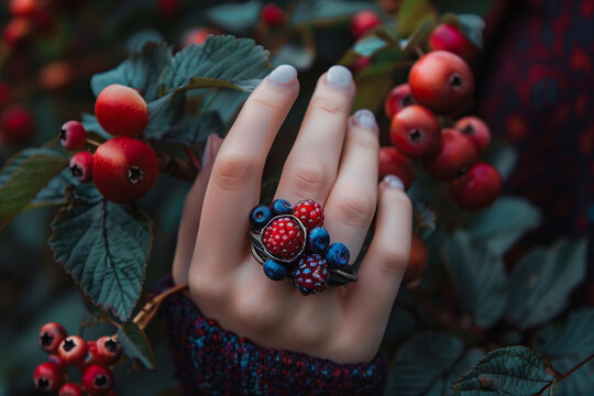 
rings made of berries on the female hand