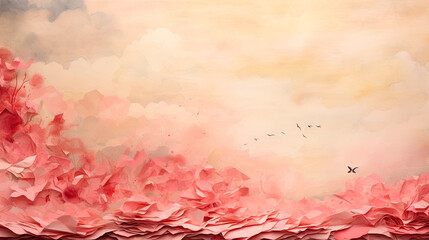 Pink meadow painting with birds in flight
