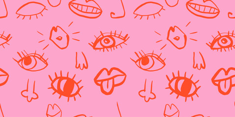 Pink red seamless pattern with eyes, lips, noses, quirky doodle vector illustration