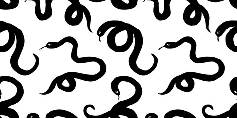 Hand drawn snake seamless pattern, quirky doodle vector background, black and white