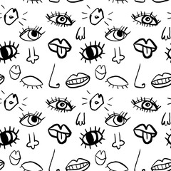 Hand drawn eyes, lips, noses seamless pattern, quirky doodle vector background - 772973134