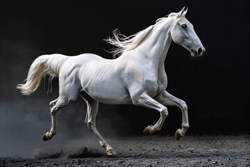 a white horse running on dirt