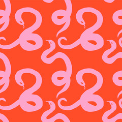 Pink snakes on red, seamless pattern, quirky doodle vector background - 772973178