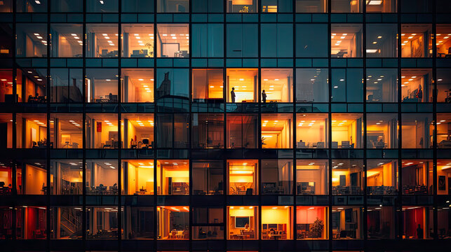 A building with illuminated windows at night