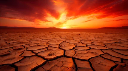 Selbstklebende Fototapeten Red sunset over cracked desert with clouds © StockKing