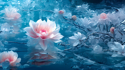 Floating pink flowers in blue pond