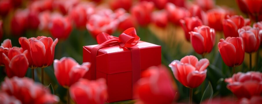 Red gift box among tulips