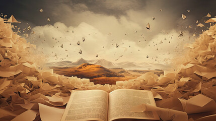 Open book with paper birds flying around