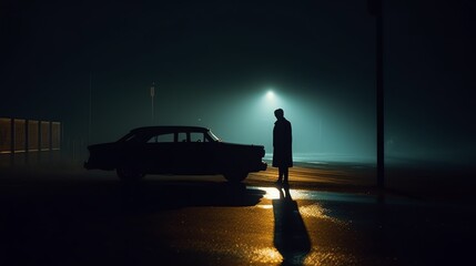 a silhouette of a man standing next to a car at night