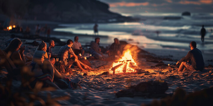 A image of a beach bonfire party with people gathered around a crackling fire, roasting marshmallows and enjoying the ocean view