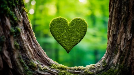 Foto op Canvas Heart-shaped moss on tree trunk in forest © StockKing