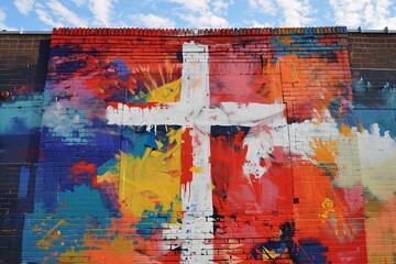 Colorful Cross Graffiti on a Brick Wall A Monthly Artistic Expression Generative AI