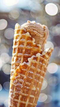 Close-up of caramel ice cream cone with bokeh background