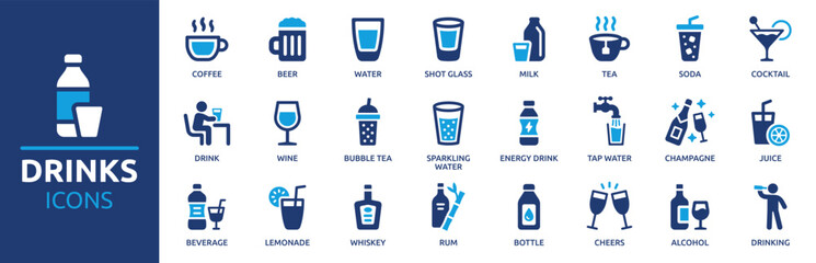 Drinks icon set. Containing water, coffee, tea, drinking, glass, soda, cocktail, bottle, wine, beverage and more. Solid vector icons collection.