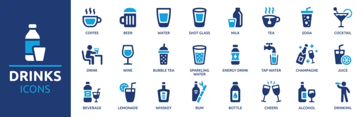 Fotobehang Drinks icon set. Containing water, coffee, tea, drinking, glass, soda, cocktail, bottle, wine, beverage and more. Solid vector icons collection. © Icons-Studio