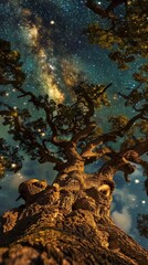Starry night sky through the branches of an old tree