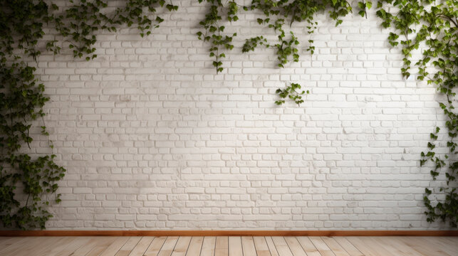 White brick wall with ivys and wooden floor