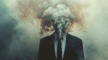 Man with smoke for head depicting concept of confusion or ideas - obrazy, fototapety, plakaty