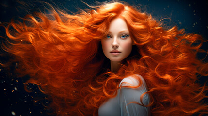 A woman with long red hair and blue eyes