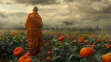 Explore the concept of abundance and scarcity as monks use conceptual art to reflect on issues of food security and access, highresolution - obrazy, fototapety, plakaty