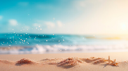 Fototapeta na wymiar Starfish on beach with sun in background
