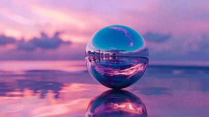 Purple Sunset Glow A Glass Sphere Reflects the Skyline Generative AI
