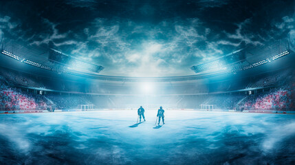 Two people standing on an ice rink in front of a stadium