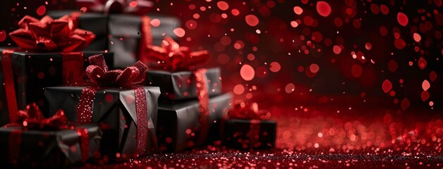 Gift of Love Red Gift Wrapped in Black Ribbon Generative AI - obrazy, fototapety, plakaty
