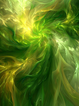 A green and yellow swirl of leaves and vines. The image is abstract and has a dreamy, ethereal quality