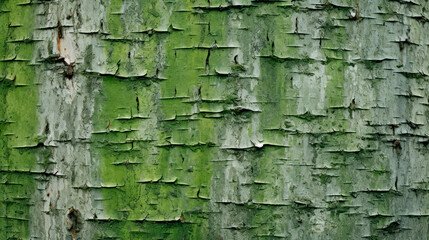 Green tree trunk with peeling paint