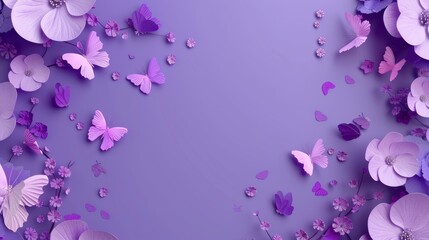 3D purple background, purple flowers and butterflies flying in the air, purple cherry blossoms.
