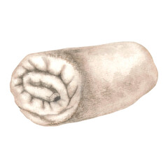 Clean terry towel. Hand drawn watercolor illustration of rolled fluffy towel isolated on background. Cotton spa towel for bathroom, hotel, sauna. Used for brochure design for health resorts, spas.