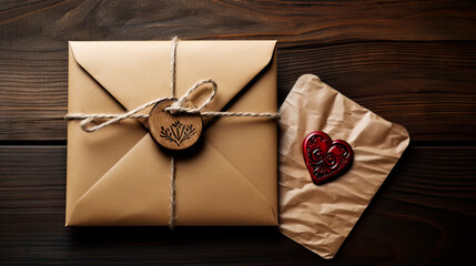 Craft envelope with heart seal on wooden background - obrazy, fototapety, plakaty