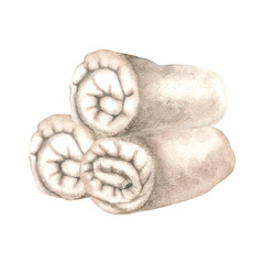 Clean terry towels. Hand drawn watercolor illustration of rolled fluffy towels isolated on background. Cotton spa towels for bathroom, hotel, sauna. Used for brochure design for health resorts, spas.