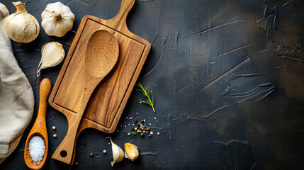 A wooden spoon and a wooden cutting board with garlic and salt on it