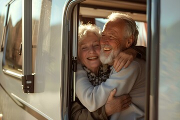 happy senior couple hugging and smiling at the window 