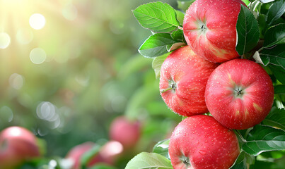 Fresh red apples on tree background, Generative AI