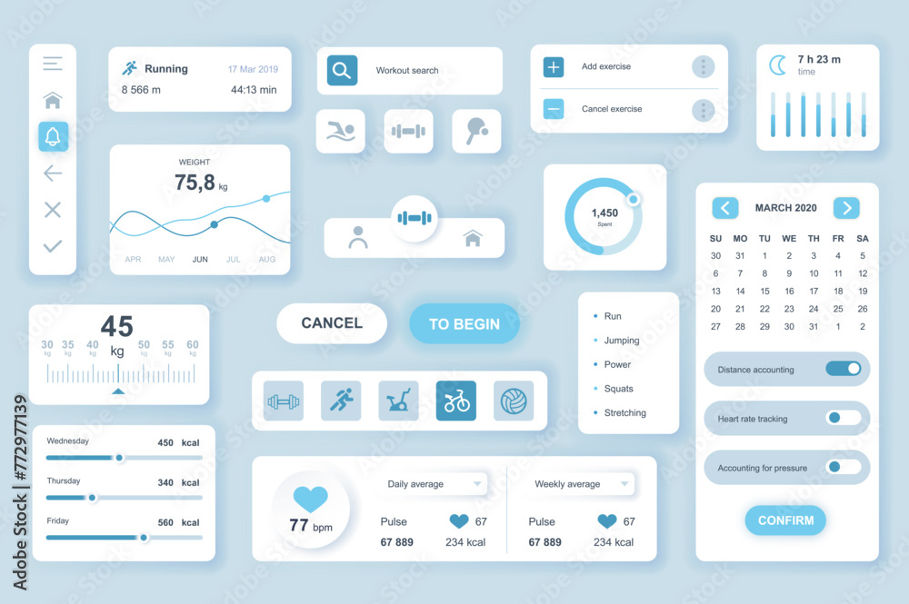 Poster user interface elements set for fitness mobile app or web. kit template with hud, sport activity, we
