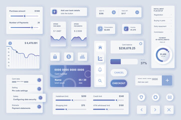 User interface elements set for Banking mobile app or web. Kit template with HUD, financial statistic and management, credit card balance, limits, payments. Pack of UI, UX, GUI. Vector components. - obrazy, fototapety, plakaty