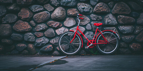 Bicicleta Vermelha Estacionada ao Lado de uma Parede de Pedra - obrazy, fototapety, plakaty