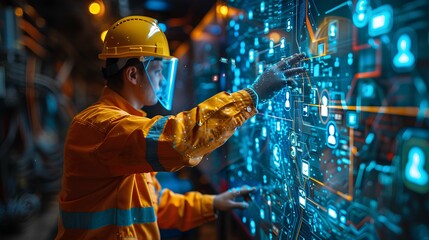 a worker in a hard hat touches icons on a virtual screen - obrazy, fototapety, plakaty