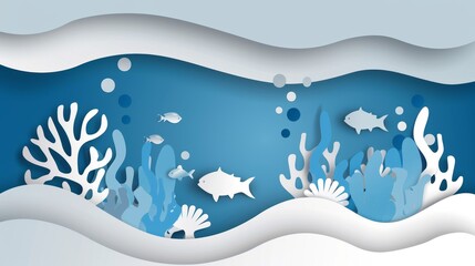 Blue and white paper cutout of an ocean with fish, coral reef, vector illustration in the style of simple shapes.