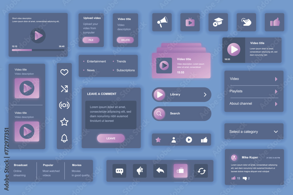 Poster User interface elements set for Video tube mobile app or web. Kit template with HUD, player navigation, playlist, content trends, broadcast, streaming platform. Pack of UI, UX, GUI. Vector components.