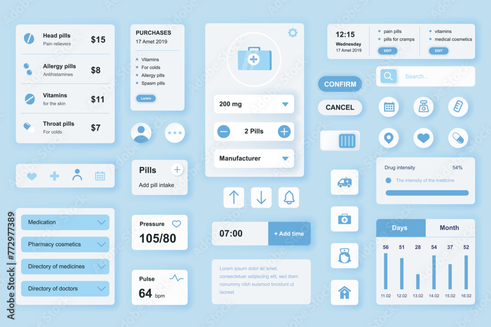 Poster user interface elements set for medical mobile app or web. kit template with hud, online pharmacy, p