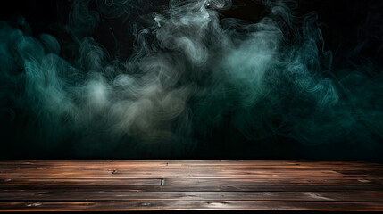Smoke rising from wooden table in dark room - obrazy, fototapety, plakaty