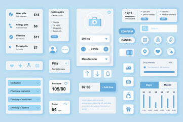 Fototapeta na wymiar User interface elements set for Medical mobile app or web. Kit template with HUD, online pharmacy, pills medication, purchase, doctor consultation, statistic. Pack of UI, UX, GUI. Vector components.