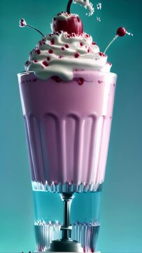 A creative depiction of a pink milkshake with whipped cream and a cherry, splashing against a surreal backdrop.