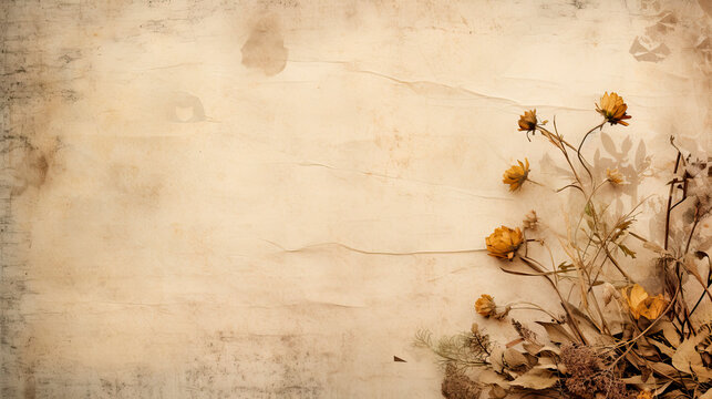 Dried flowers and aged paper on display